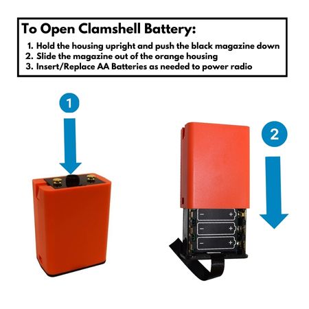  Hold the housing upright and push the black magazine down   Slide the magazine out of the orange housing  Insert/Replace AA Batteries as needed to power radio