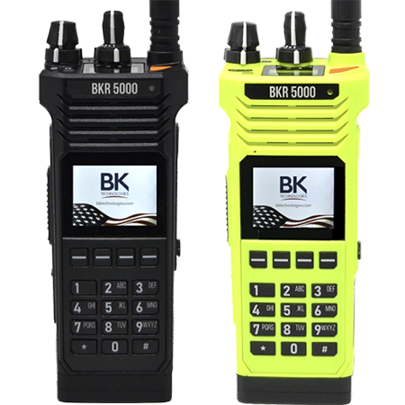The black BKR 5000 radio next to a high visibility yellow BKR5000 radio from BK technologies