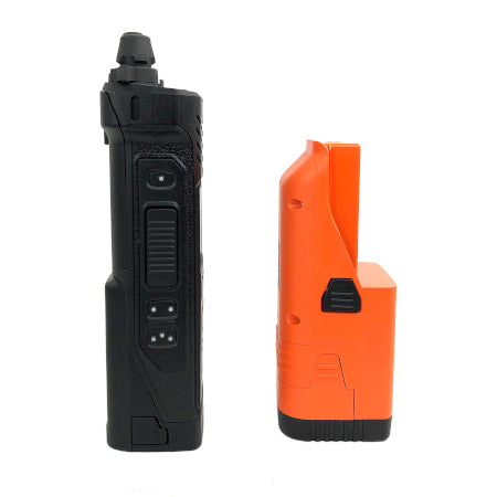 Orange AA Battery Clamshell, BKR0120 for BKR5000 Portable Radios next to a bkr5000 radio