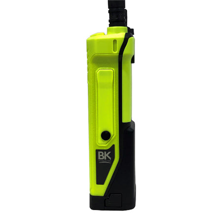 Yellow BKR 5000 Radios from the side view with the accessory port cover and screw shown with a rechargeable battery on. 