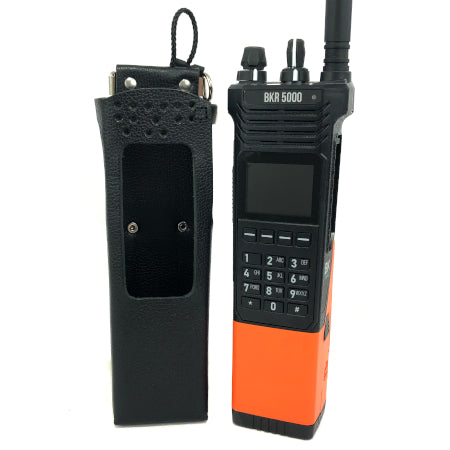 Leather Holster, Open Keypad, Use with Clamshell Battery for BKR5000 with radio next to it
