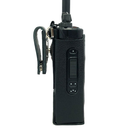 Leather Holster, Open Keypad, Use with Rechargeable Battery for BKR5000 side view with radio in it