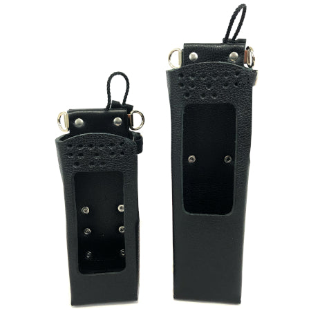 Leather Holster, Open Keypad, Use with Rechargeable Battery for BKR5000 compared to a clamshell holster