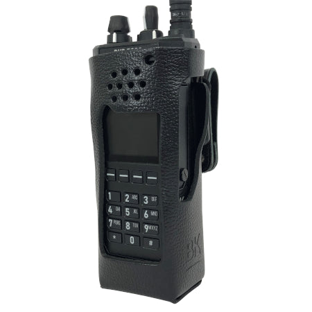 Leather Holster, Open Keypad, BKR0421 for BKR5000 Portable Radios side view iwth a radio in it