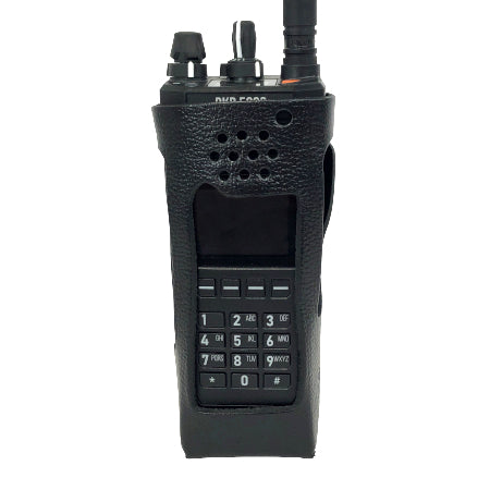 Leather Holster, Open Keypad, BKR0421 for BKR5000 Portable Radios front view with a radio in it
