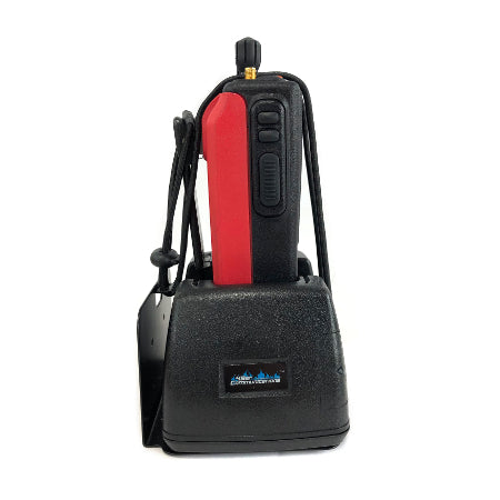 Single Radio Vehicle Mounted Battery Charger for KNG side view with radio shown