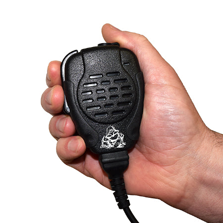 Ruggedized Miner Mic, AAMO8SPMMR3 - IP56 (Driven Rain), Equivalent to Speaker Mic HMN4101B for Motorola Radios shown in the hand for size reference