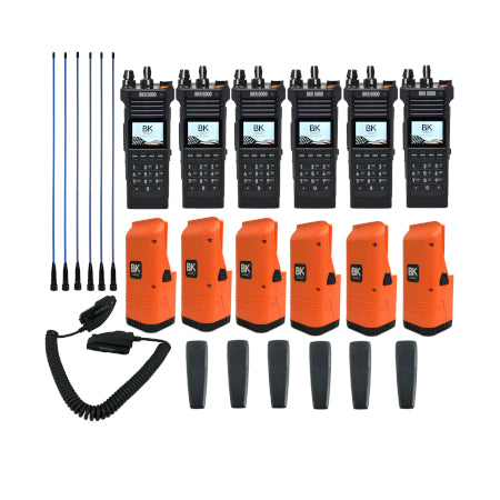 Wildland Fire BKR5000 6 Pack Radio and Clamshell Package - Includes 6 BKR5000 Radios, 6 BigBoost 18" Whip Antennas, 6 Orange Clamshells, 6 Belt Clips, and 1 BKR0700 Cloning Cable
