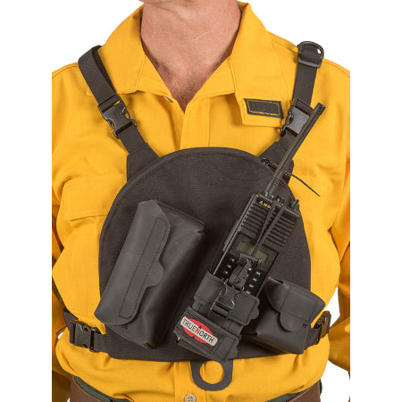 Universal, Adjustable Fit, Nylon Radio Chest Pack on a person with a radio in it